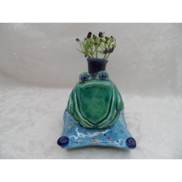 Frog Prince Ceramic Bud Vase Blue & Green - Picture 2 of 9